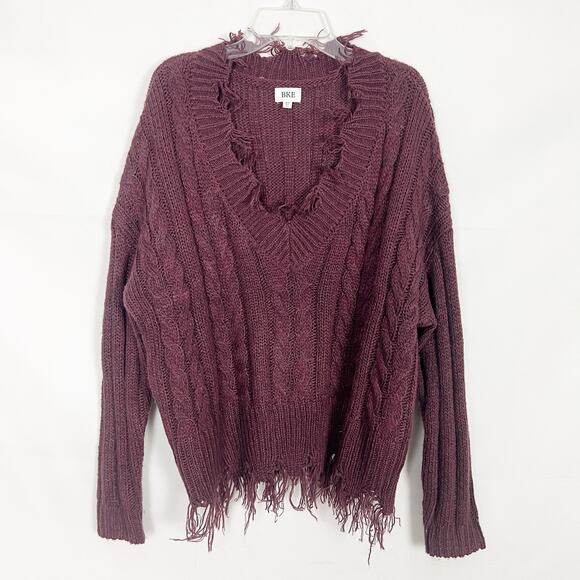 BKE Cable Knit Distressed Burgundy Oversized Sweater Size XS - Picture 1 of 11